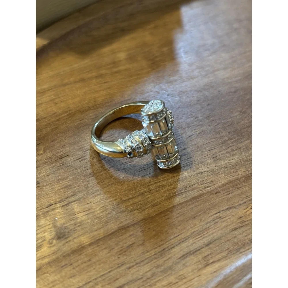 Stunning & Unique Baguette & Round Encrusted Gold Plated Ring Size 5.75 Stamped
